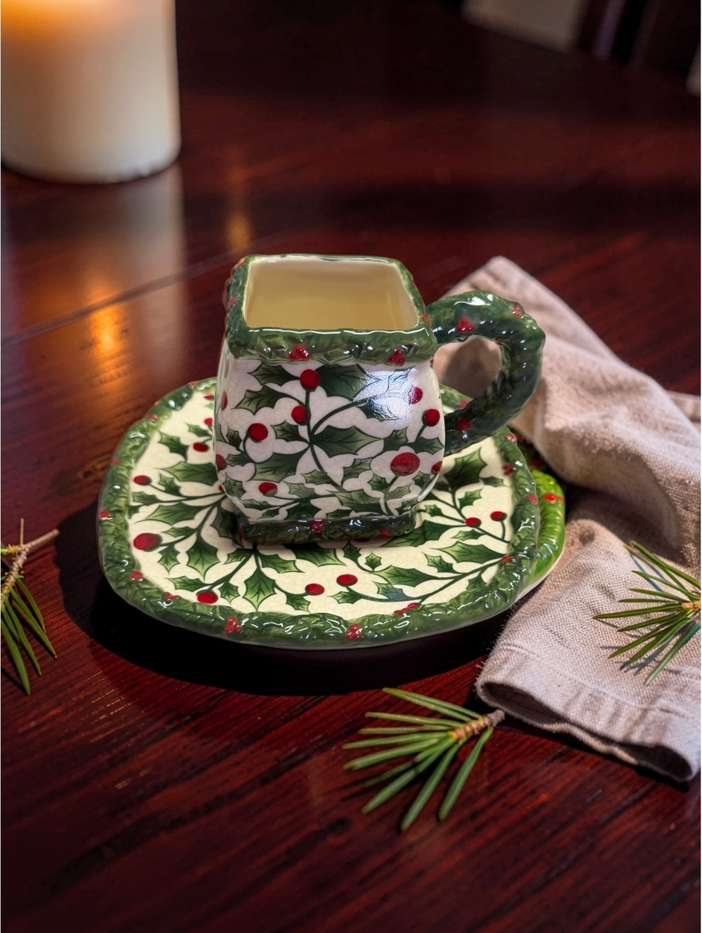 Vintage Pacific Rim English Holly Berry Christmas Cup & Saucer Hand Painted